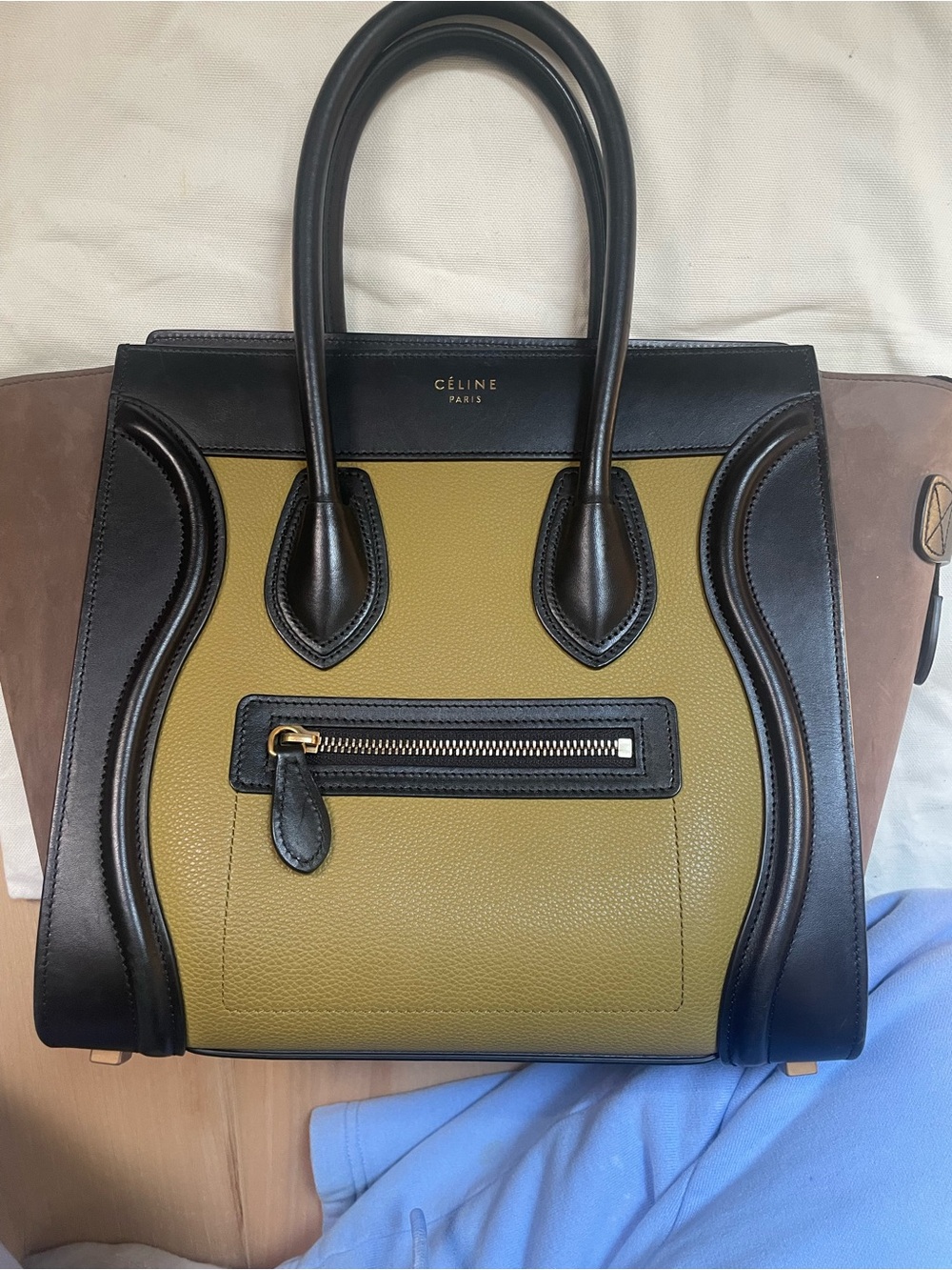 Celine Tricolor Mini Luggage Tote - Olive, Navy & Brown